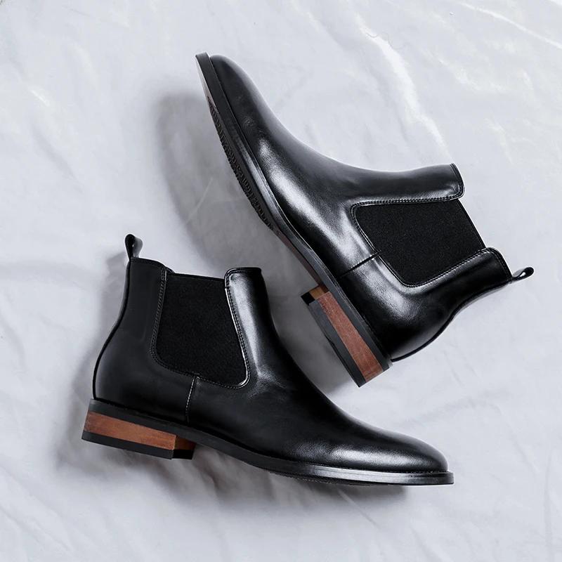 Bottes Chelsea pour hommes à bout pointu, chaussures en cuir polyvalentes à tige haute, style rétro 