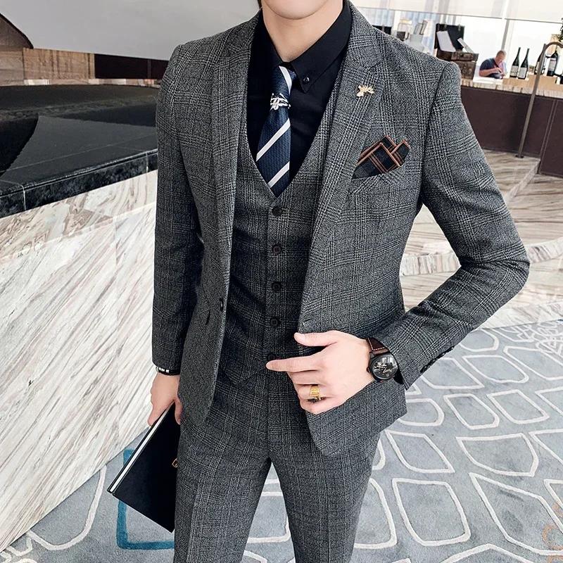 Ensemble de Banquet de Mariage à Carreaux pour Homme, Costume, Gilet, Pantalon, Grande Taille 5XL-M,