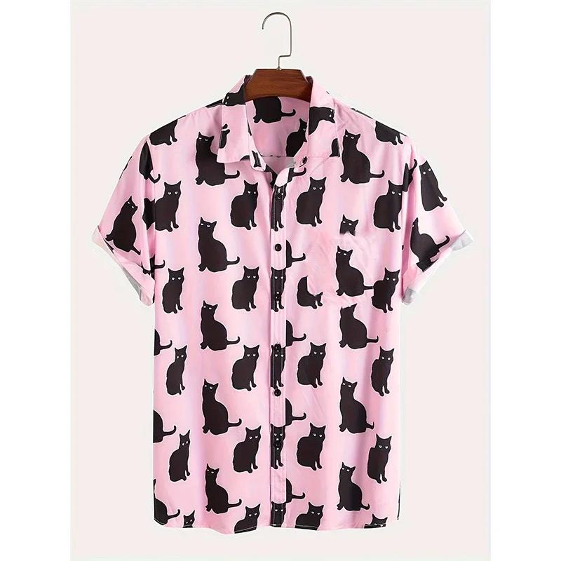 Été mignon chat imprimé chemise hommes décontracté à manches courtes hawaïen décontracté bouton reve