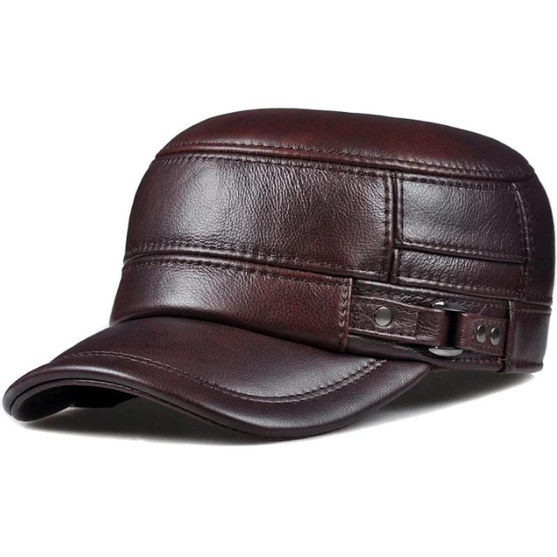Casquette d'hiver en cuir véritable pour hommes, casquette plate, militaire, élégante, casquette de 