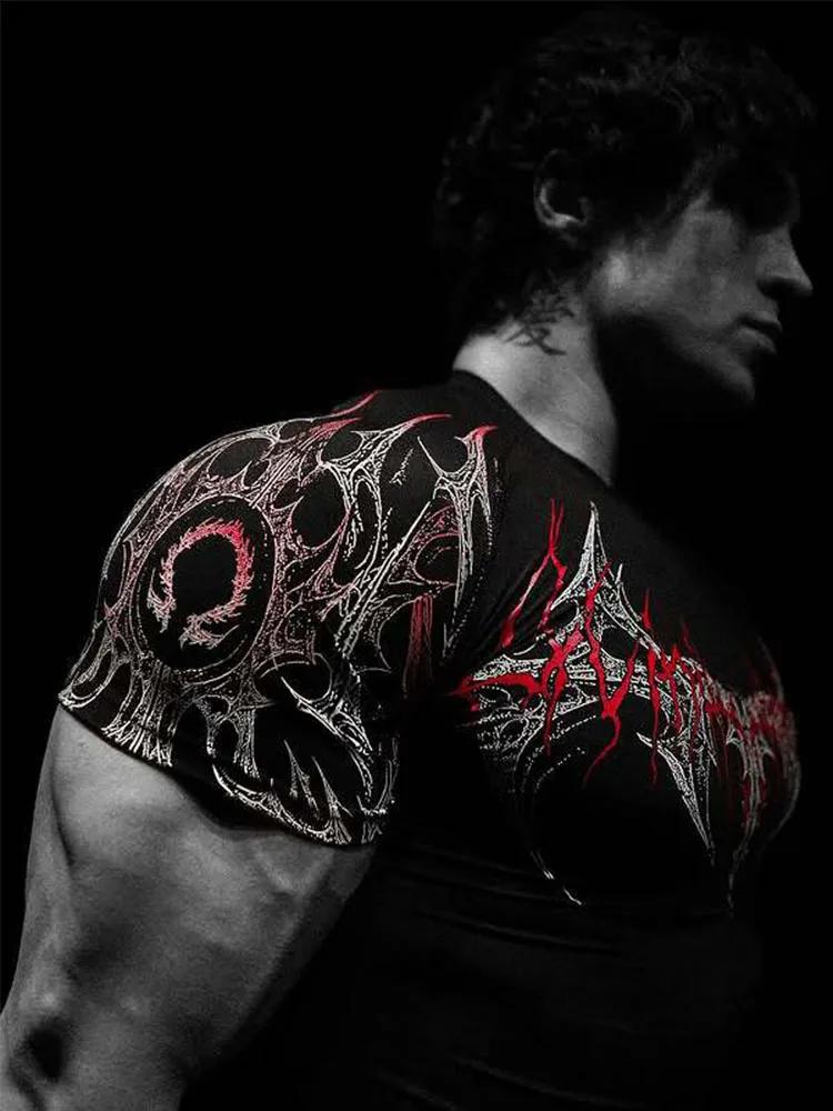 T-shirt de sport pour homme, imprimé gothique foncé, coupe musclée, haute élasticité et séchage rapi