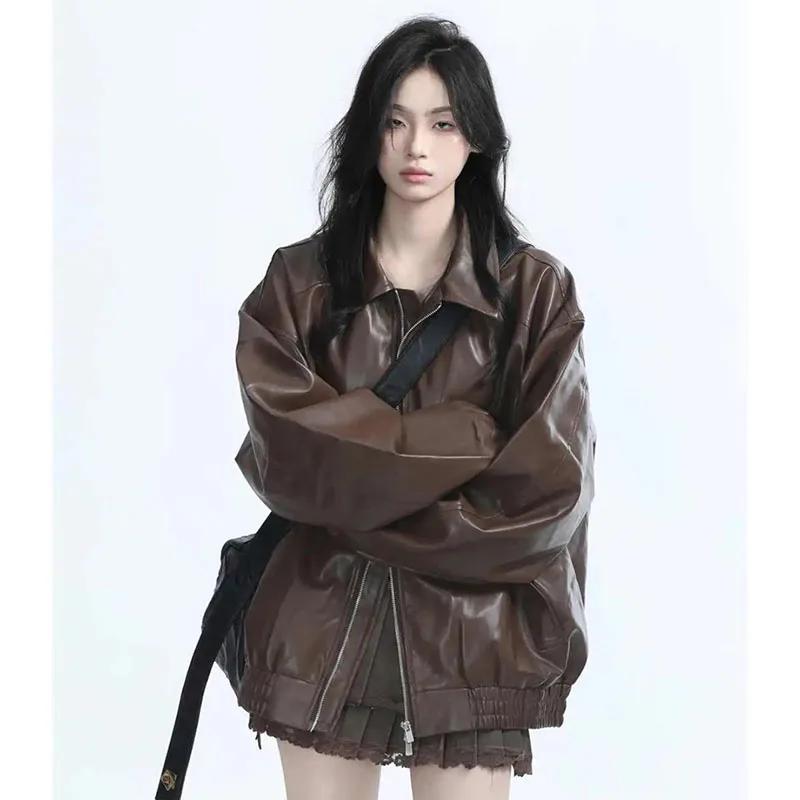 Veste rétro en Faux cuir pour femmes, mode printemps-automne, fermeture éclair, manteau en cuir à ma
