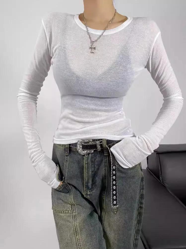 2025 début d'automne fille épicée col rond élastique coupe ajustée mince à manches longues t-shirt f