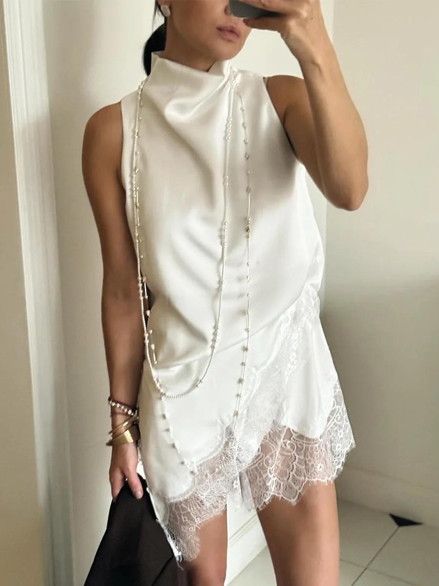 Robe Courte d'Été 2026 pour Femme en Satin à Col Montant, Silhouette Irrégulière, avec Bordure en De