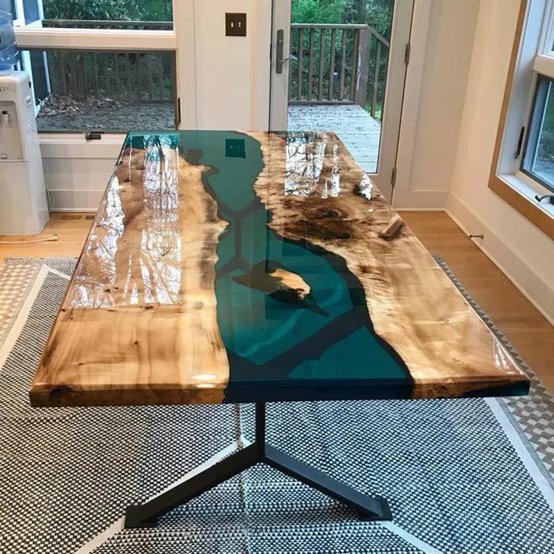 Table en résine époxy, grande planche en bois massif, fabricant de thé, thé, carré, café, rivière