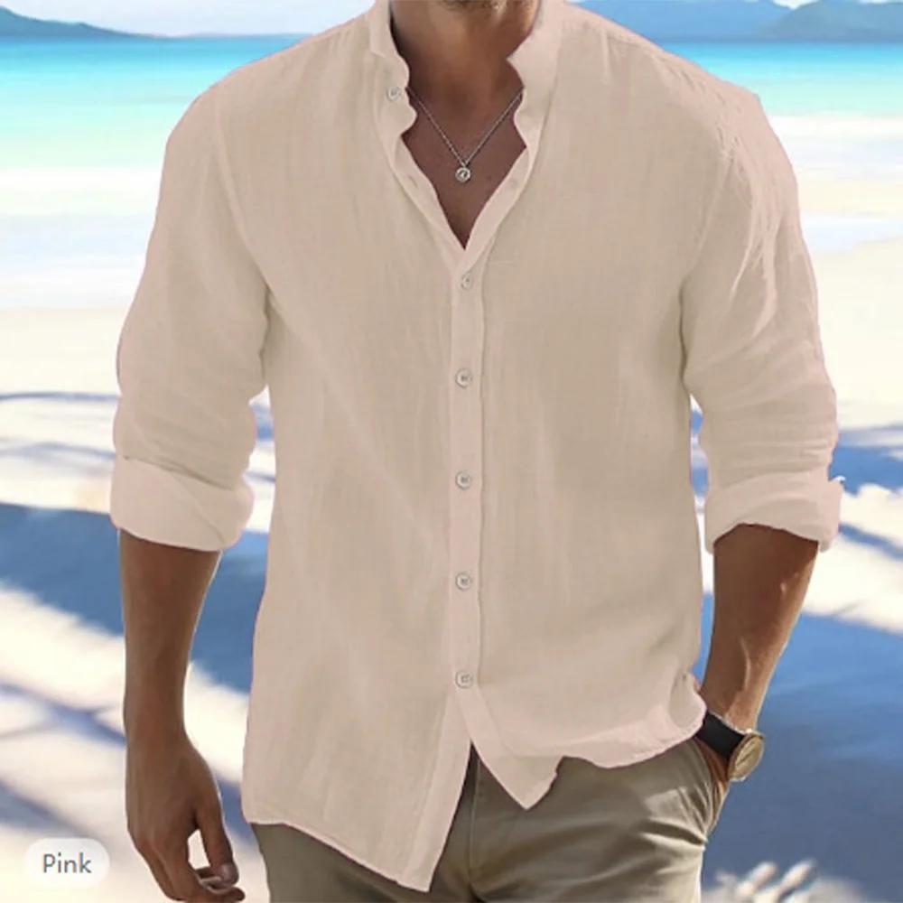 Chemises à manches longues pour hommes, en coton et lin, couleur unie, col montant, décontracté, Sty