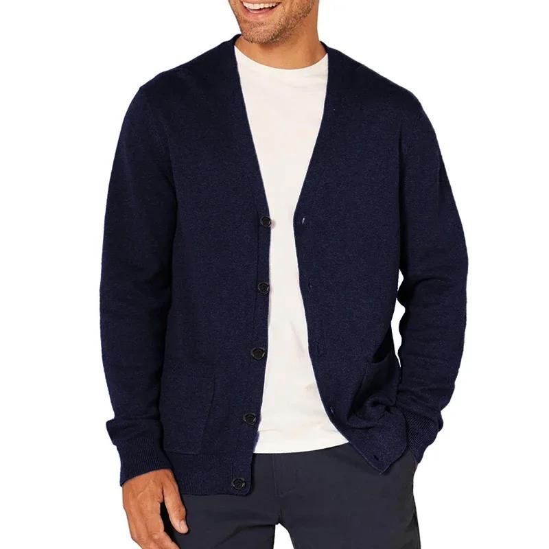 Cardigan à manches longues pour hommes, pull en laine tricoté, vêtements de sport, col en v, boutons