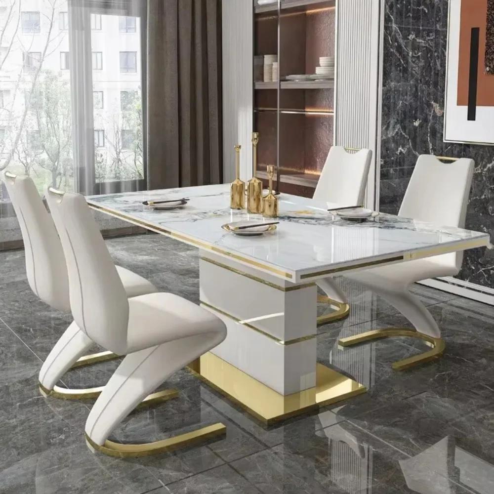 Ensemble de table à manger carrée en marbre, 4 chaises, 6 chaises, meubles de salle à manger dorés d