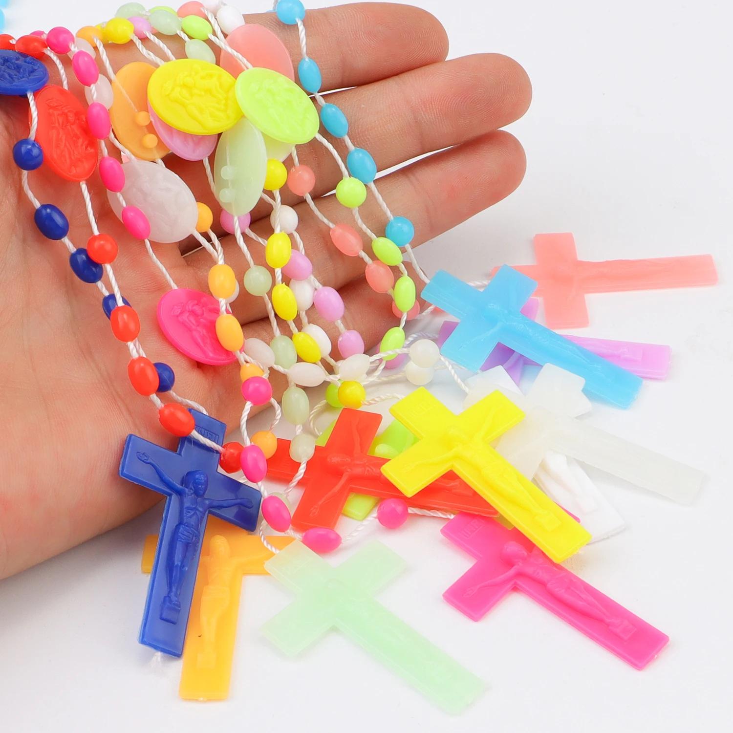 Chapelet multicolore, perles de prière, classique, vieux pendentif croix en plastique, colliers, bij