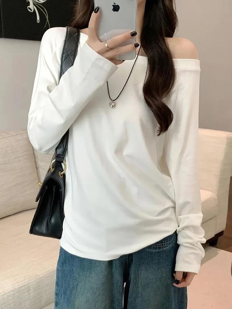Surdimensionné épaules dénudées à manches longues t-shirt femmes couleur unie décontracté hauts dame