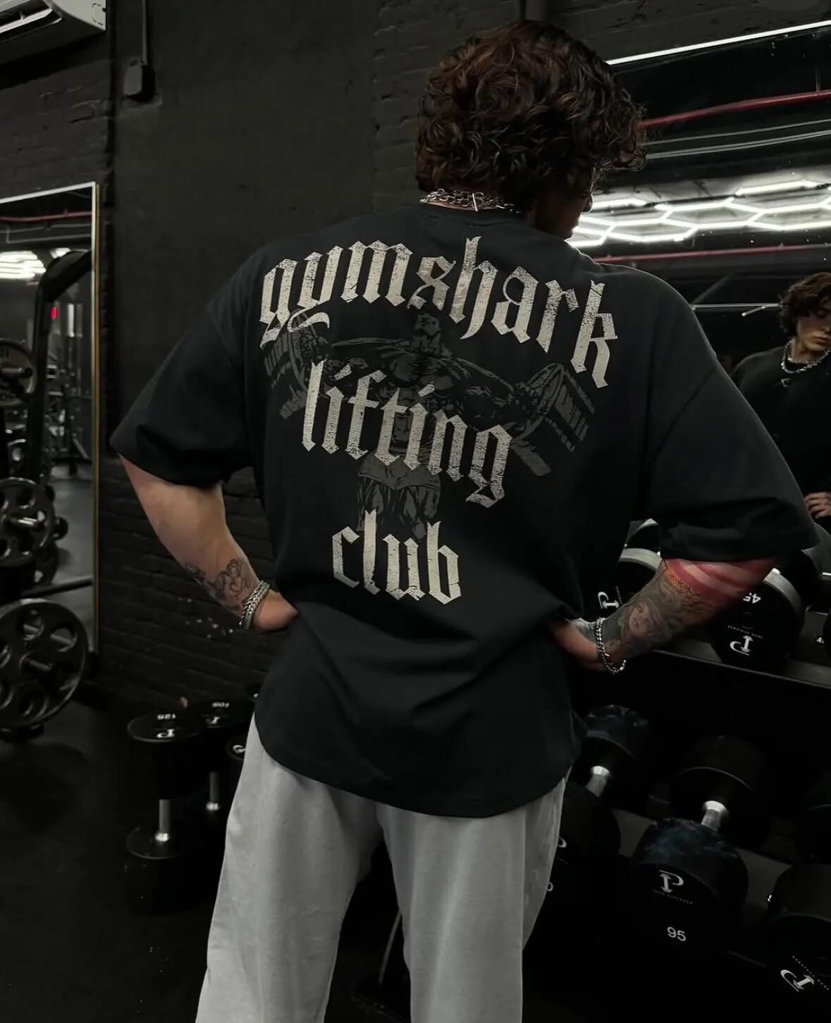 T-shirt d'été en coton à manches courtes pour homme, coupe ample, imprimé requin, style sportif GYM 