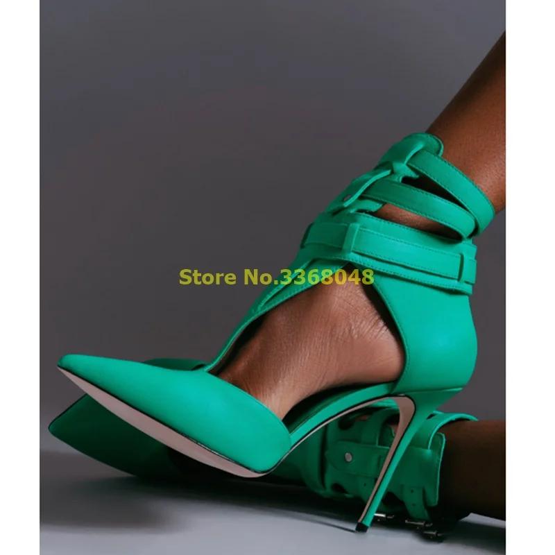 Escarpins à lanières en T en cuir vert, talon aiguille fin, chaussures provoqué sexy et pointues, mo