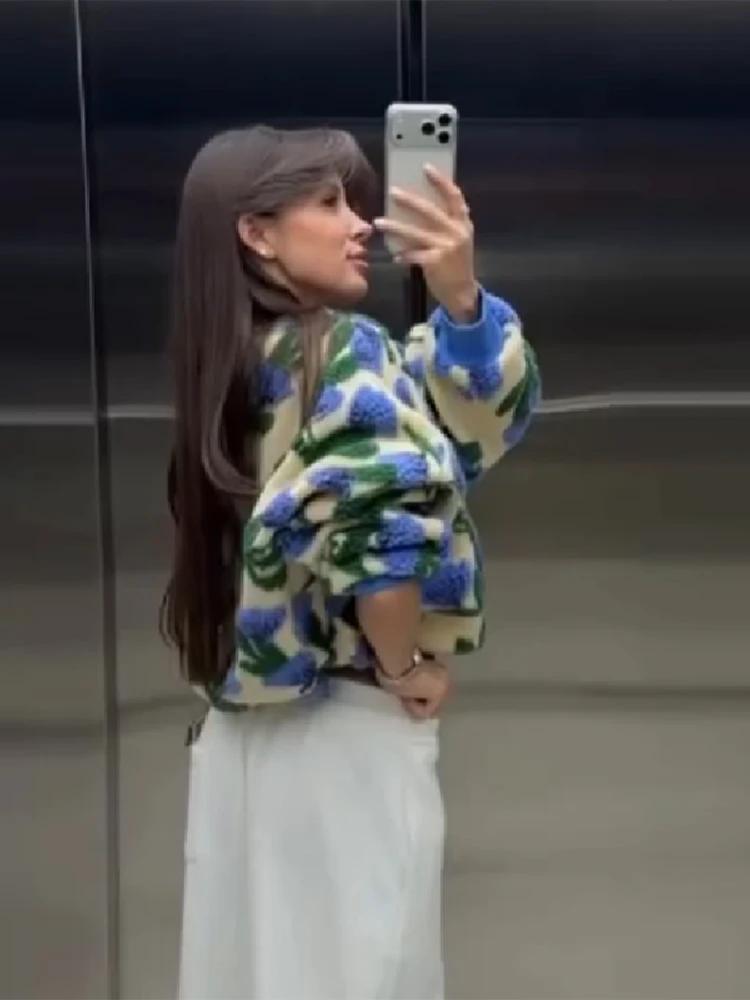 Blouson Bomber en Peluche Fleuri Chic et Décontracté pour Femme, Coupe Ample à Manches Longues, Ferm