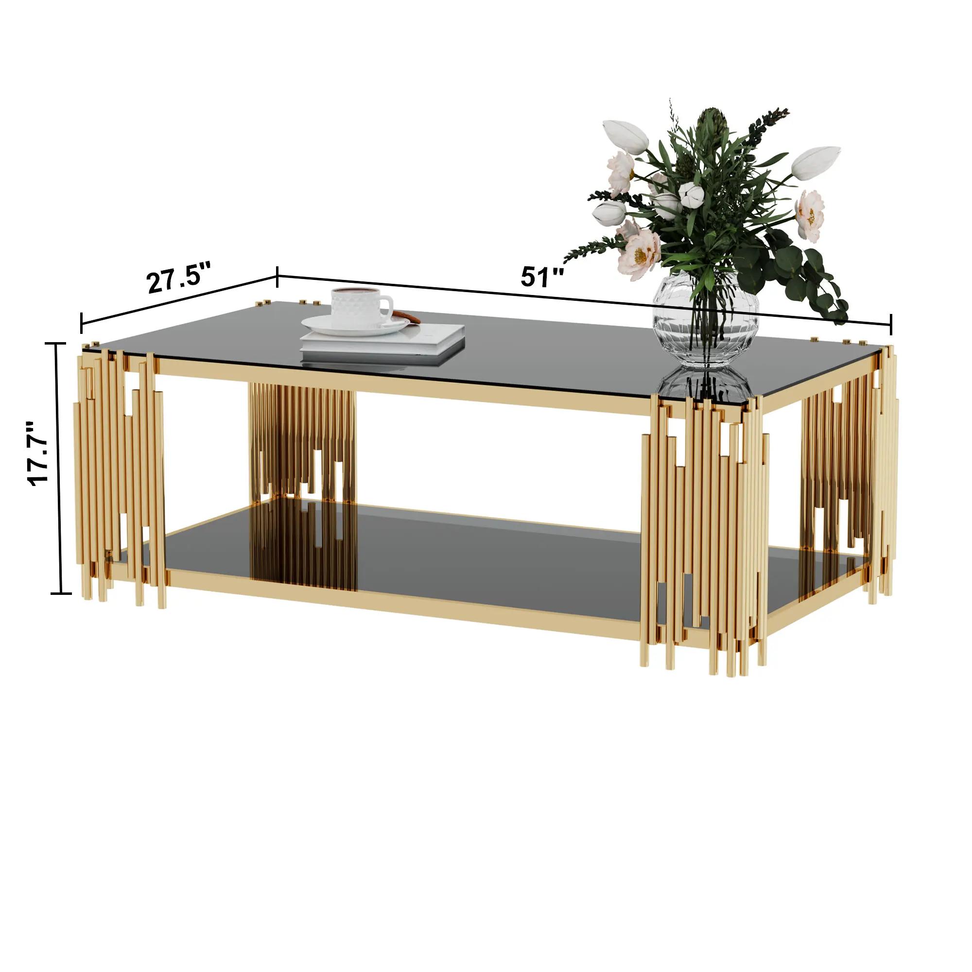 Table basse rectangulaire en verre pour salon, acier inoxydable, table centrale moderne, verre noir 
