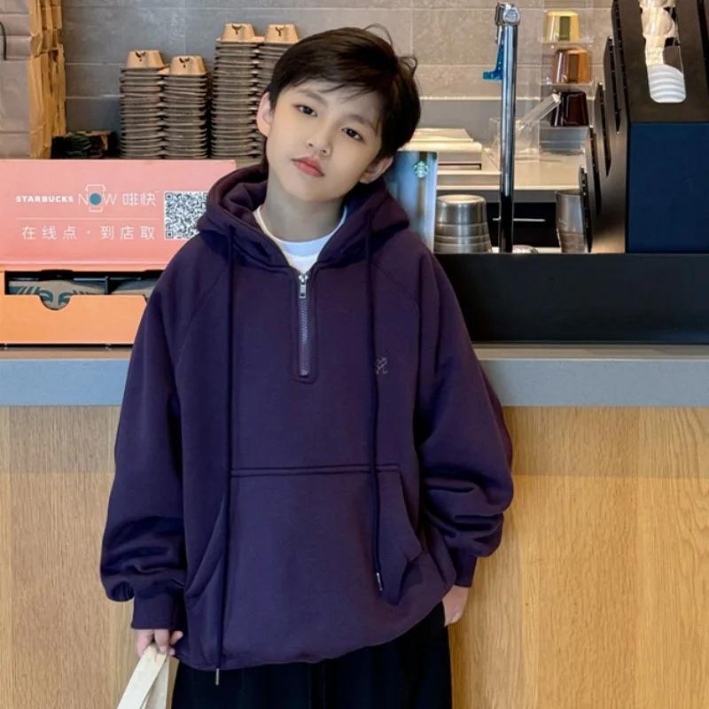 Sweat à capuche doublé de polaire pour garçons et grands enfants, élégant, polyvalent et chaud, pour