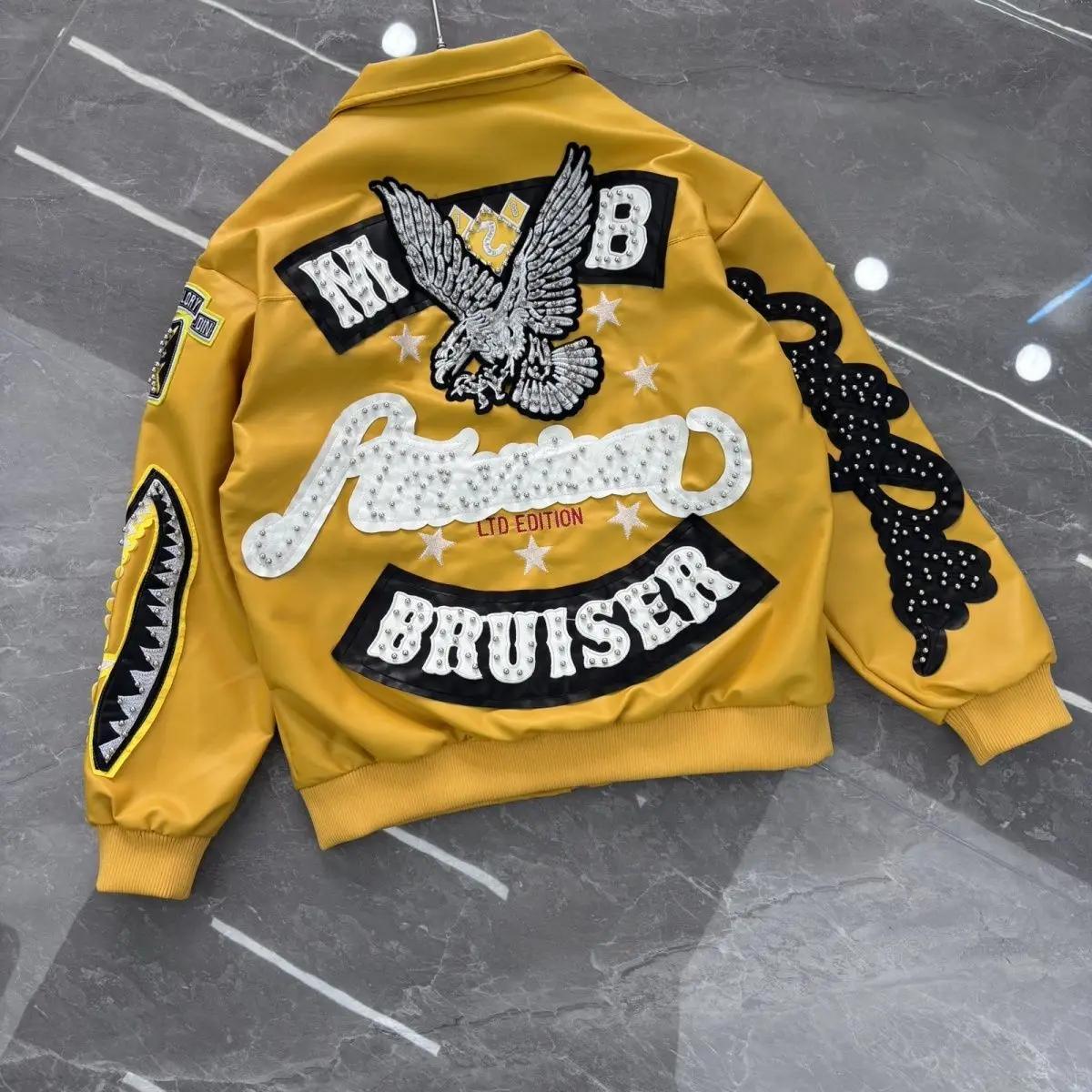 Blouson en cuir brodé style industriel rétro américain, col montant, pour moto, automne/hiver, nouve