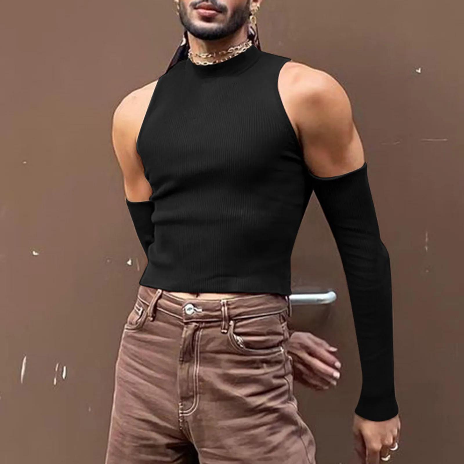 T-shirt manches longues col roulé pour hommes, Chic, ajouré, décontracté, Streetwear, Sexy, épaules 
