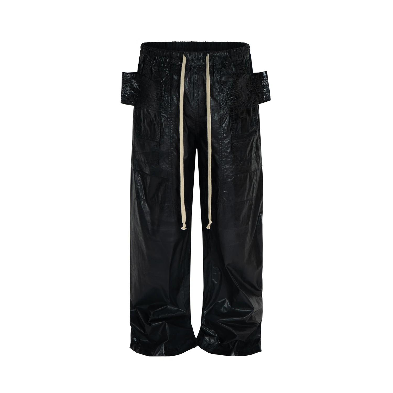 Pantalon Cargo noir à jambes larges, revêtement de teinture de cire Vintage, corne cylindrique, mult