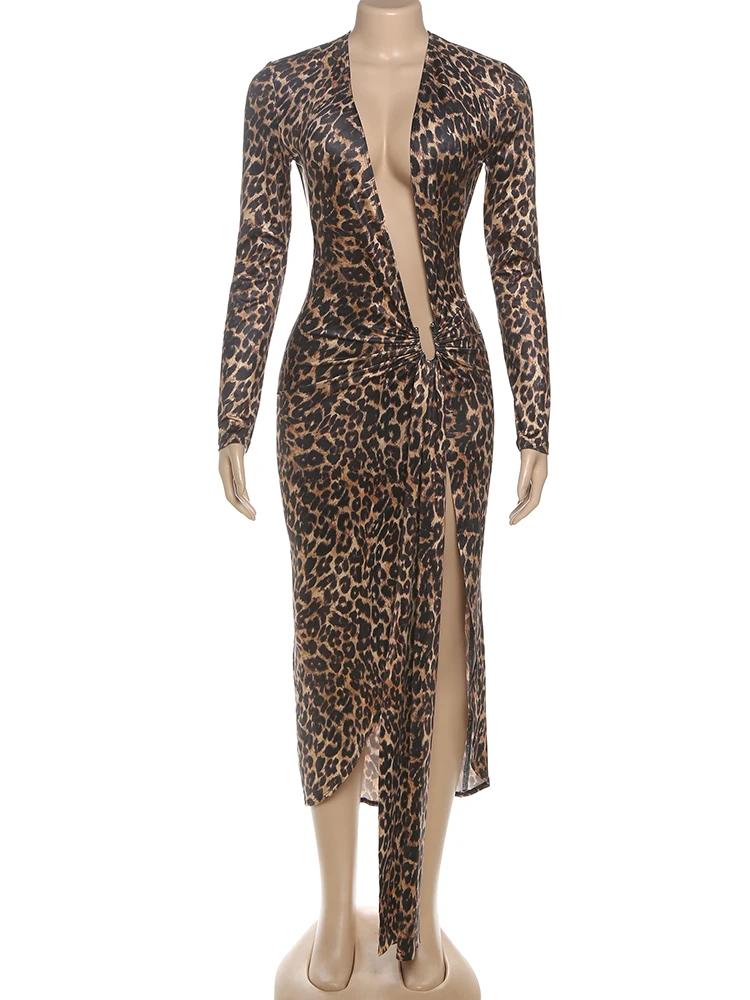 Robe Y2K pour femmes, imprimé léopard, chat bizarre, Sexy, décolleté en v profond, ruban froncé, sli