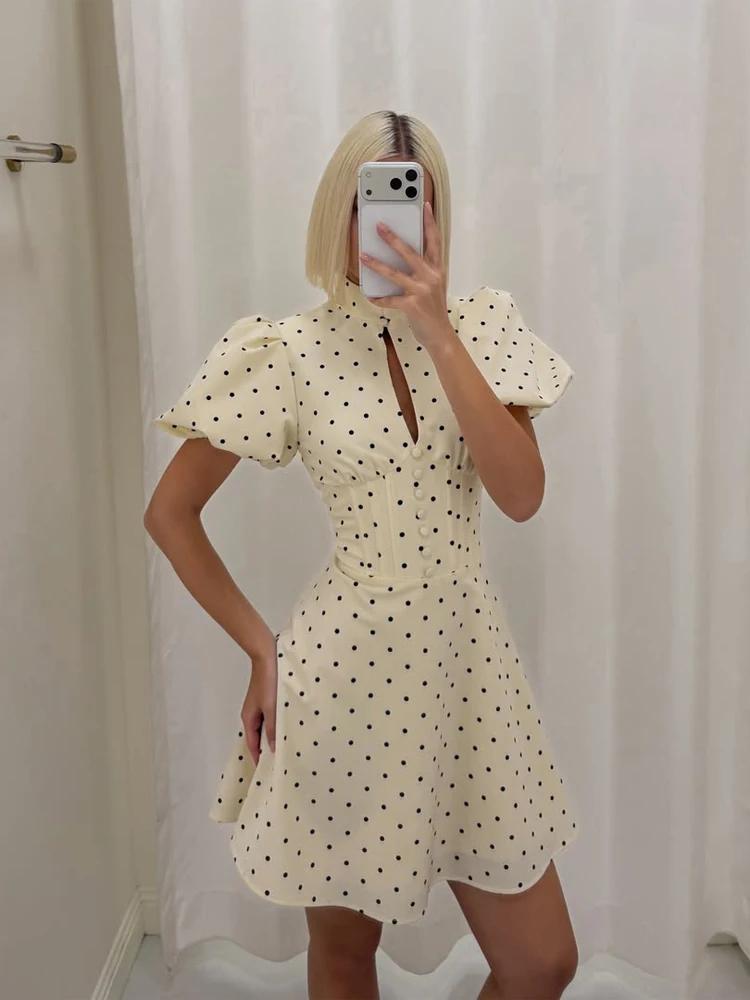Robe Courte Rétro à Pois Coupe Trapèze pour Femme, Élégante, Col Montant, Manches Courtes Bouffantes