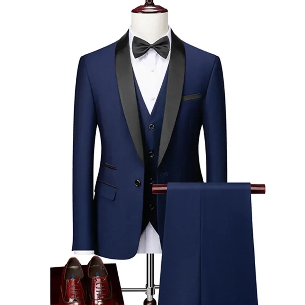 Ensemble de costume noir à revers pour hommes, manteau, gilet, pantalon/affaires pour garçons d'honn