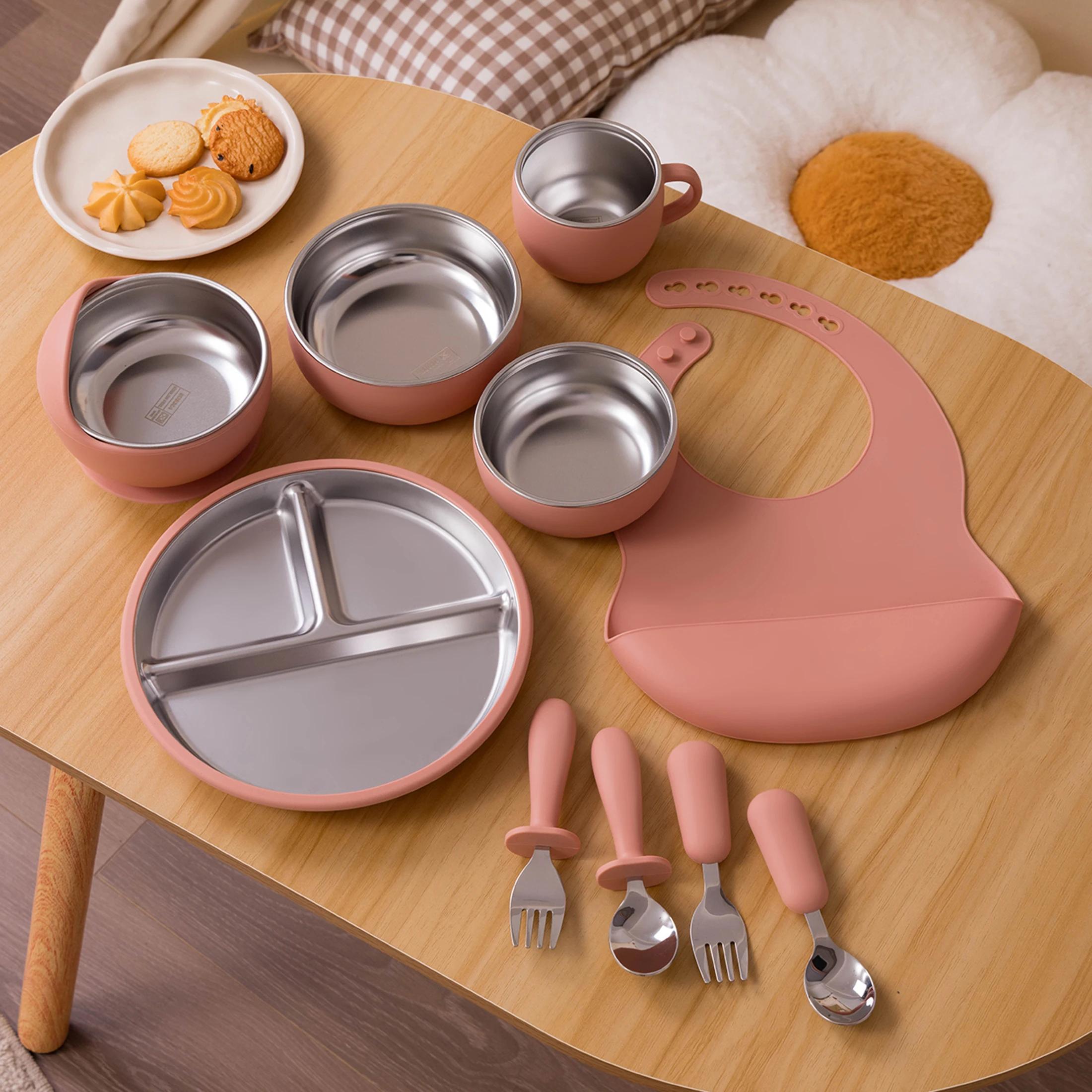 Ensemble d'alimentation pour enfants, 10 pièces, vaisselle en acier inoxydable et Silicone avec bol 