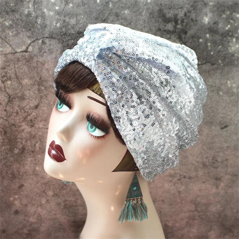 Chapeau turban noué à paillettes pour femmes, bonnet musulman brillant, vêtements de sauna, bonnet f