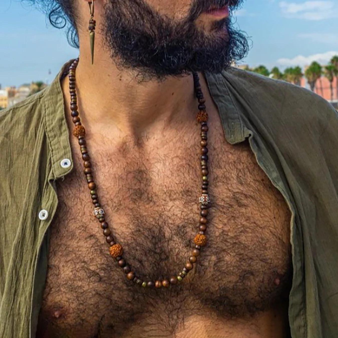 1PC hommes rétro Style ethnique afrique pierre collier pour hommes Hippie bohême Long collier de per
