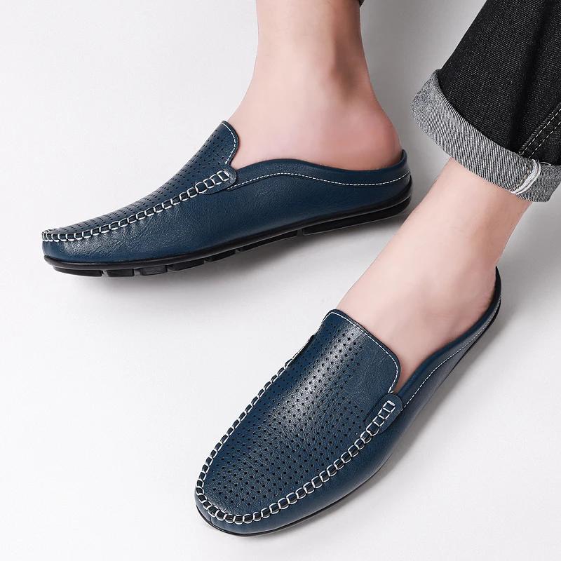 Demi-chaussures d'été pour hommes, Mules en cuir perforé, pantoufles décontractées à enfiler, mocass