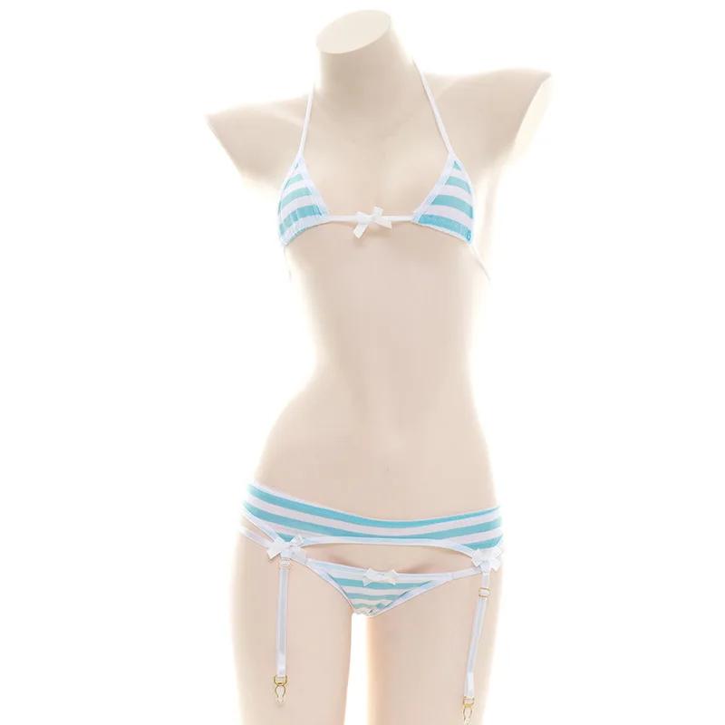 Soutien-gorge sexy Lolita pour femmes sous-vêtements Kawaii carnaval bleu rose blanc rayé mini bikin