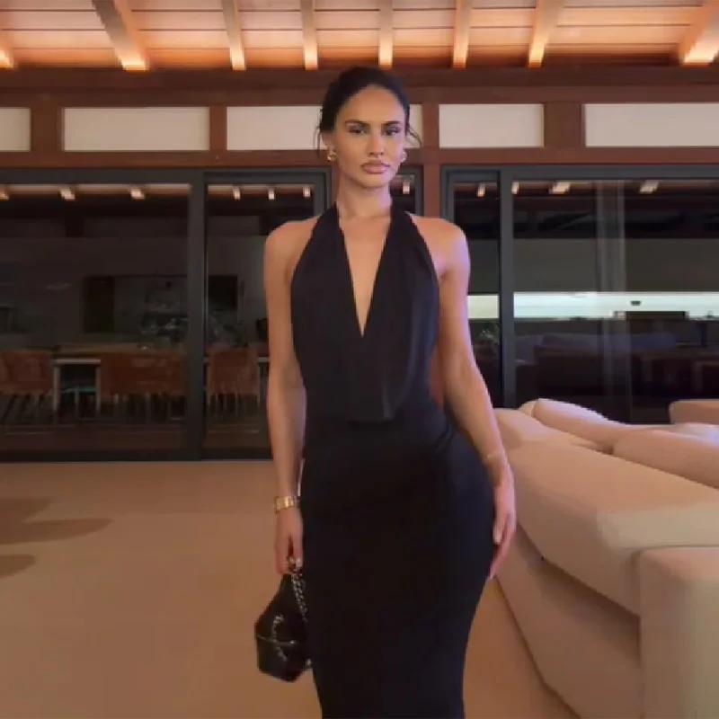 Robe Sexy à Col Halter Plongeant et Drapé, Dos Nu, Sans Manches, Coupe Ajustée, Robe de Soirée Pliss