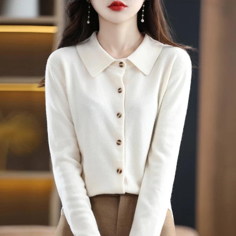 Cardigan tricoté à col POLO pour femmes, basique, polyvalent, veste en laine filée, élégant, pull à 