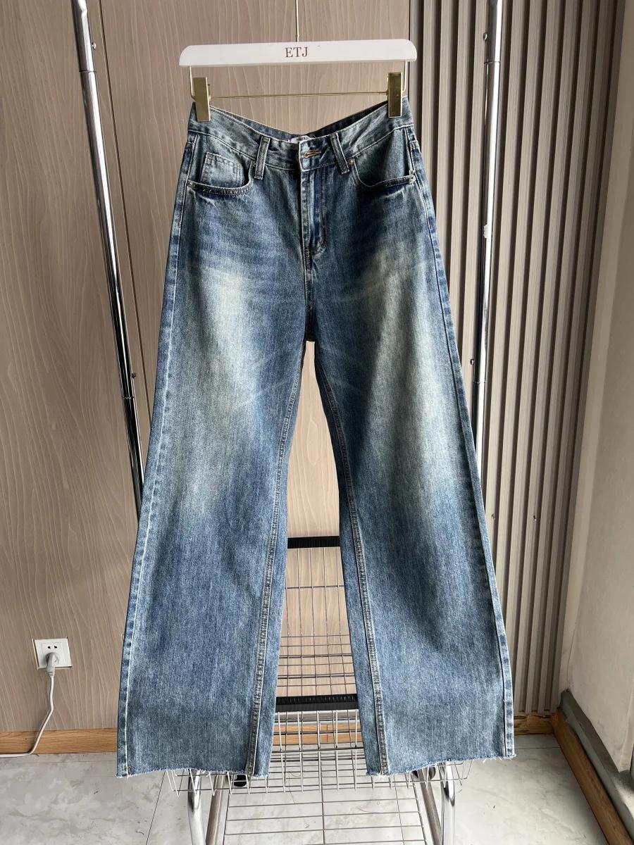 ETJ jean taille haute à jambes larges femme classique tout avec cinq poches lavé doux confortable je