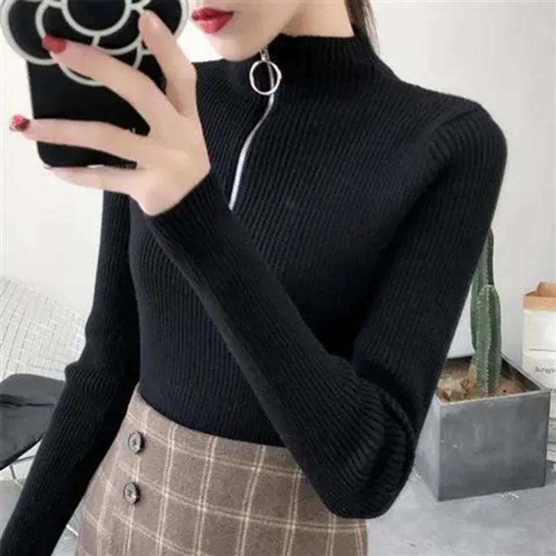 Tricoté femmes fermeture éclair demi col haut Pull pulls automne hiver basique femmes chandails minc