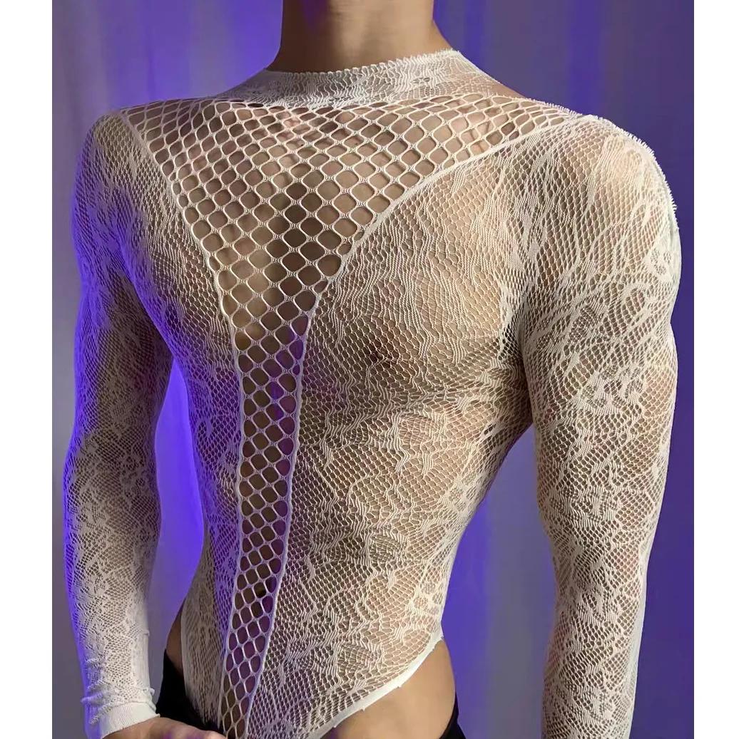 T-shirt d'été en maille transparente à manches longues et col rond pour hommes et femmes, combinaiso