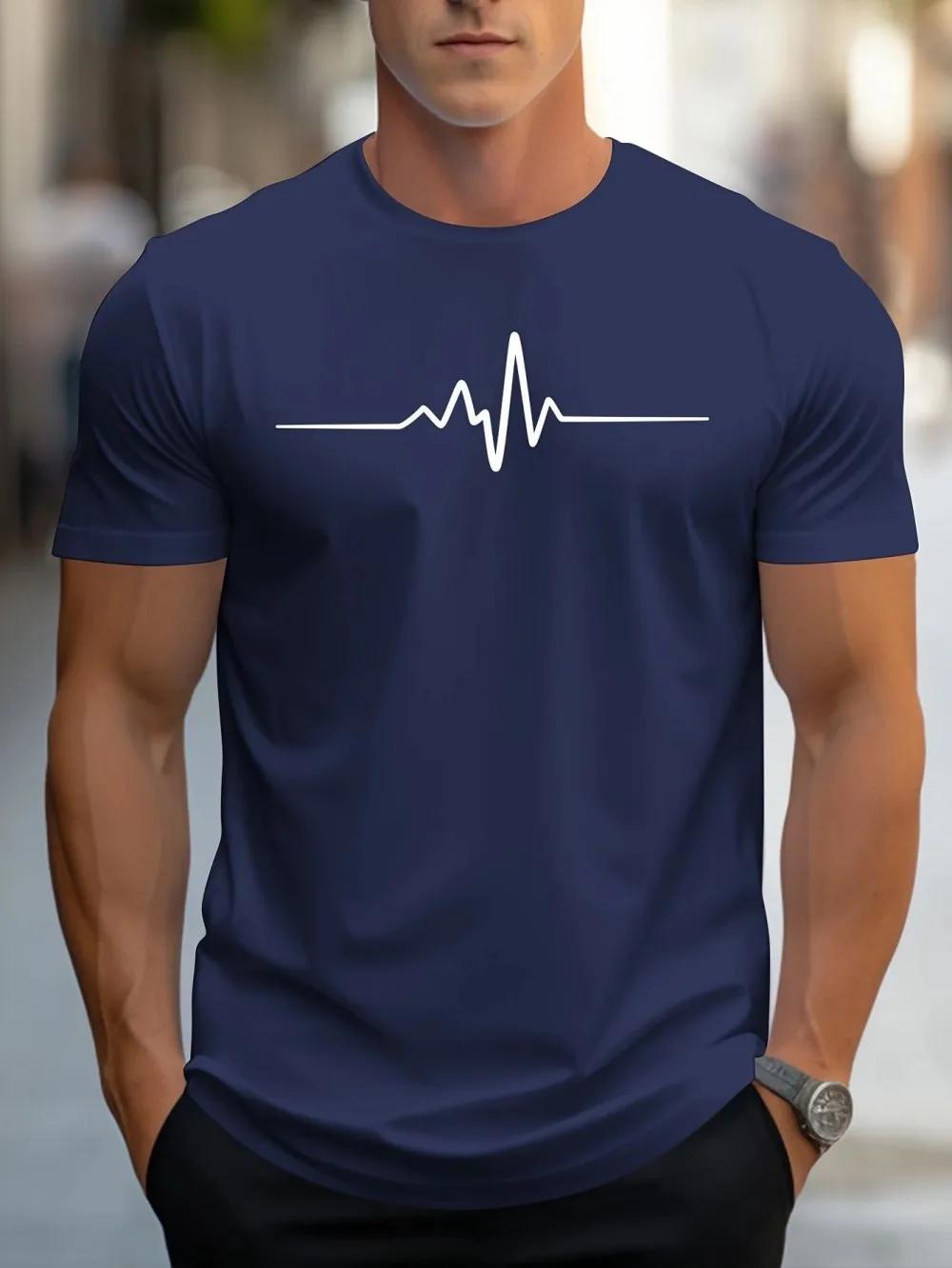 T-shirt à col rond pour hommes, imprimé électrocardiogramme, confortable et respirant, à la mode, po