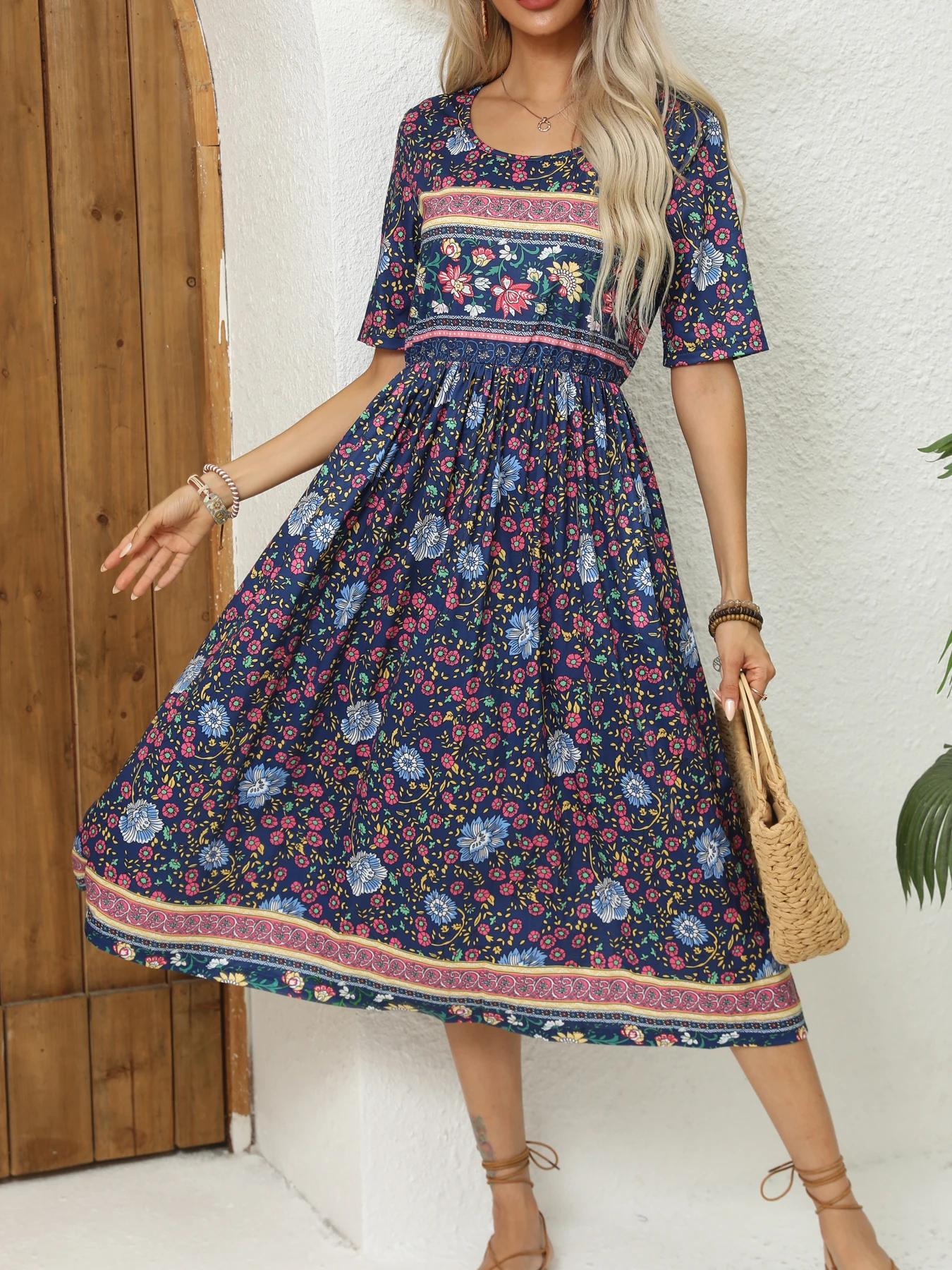 Robe imprimée bohème à manches courtes et col rond pour femmes, jupe longue pour dames, Europe et Am