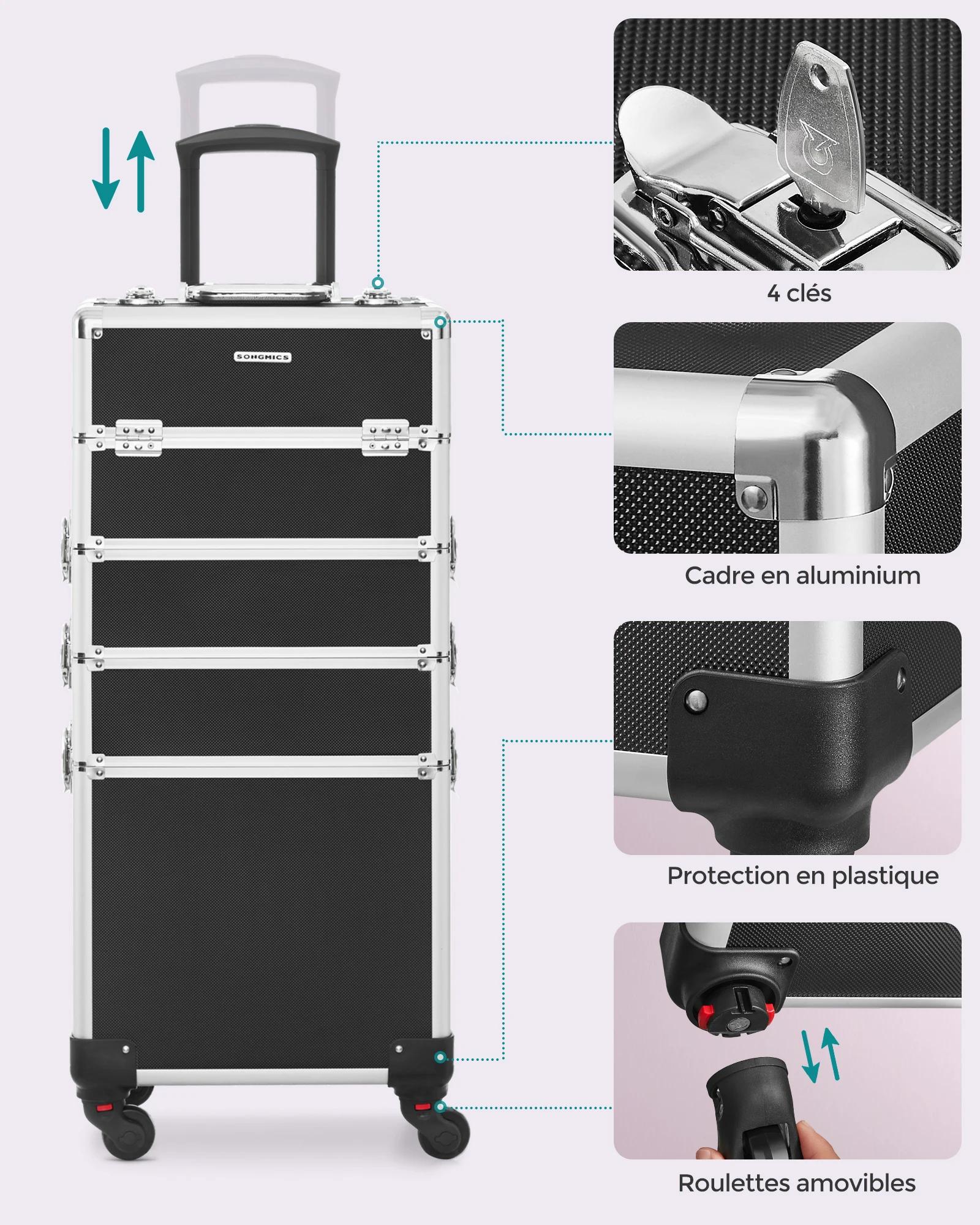 Coffret à Maquillage 4 en 1, Valise à Maquillage, Verrouillable, Roulettes, Noir