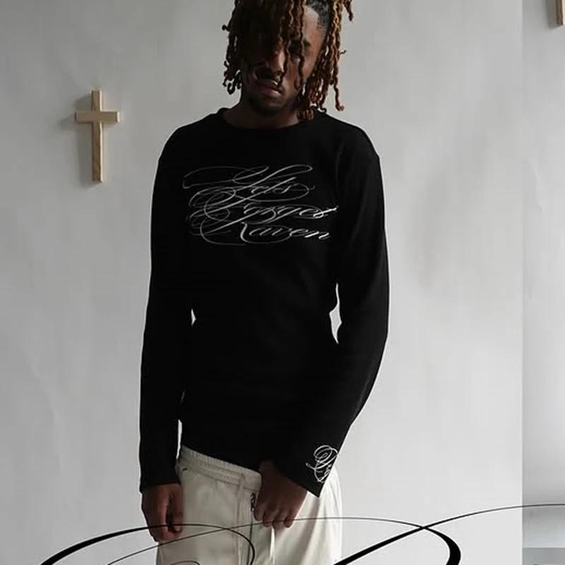 T-Shirt à manches longues imprimé américain rétro foncé Y2K, tenue gothique de rue tendance, haut po