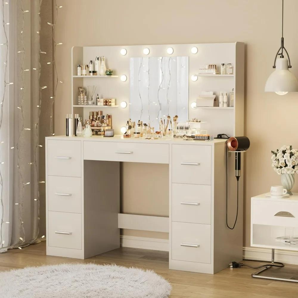 Furmax Vanity Desk avec miroir LED lumières prise de courant maquillage vanité Table 7 tiroirs 6 éta