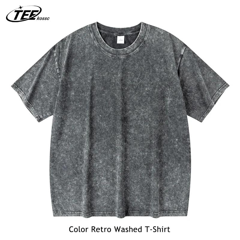 Couple lavé rétro 230g coton robuste à manches courtes T-shirts polyvalent pour hommes femmes été co