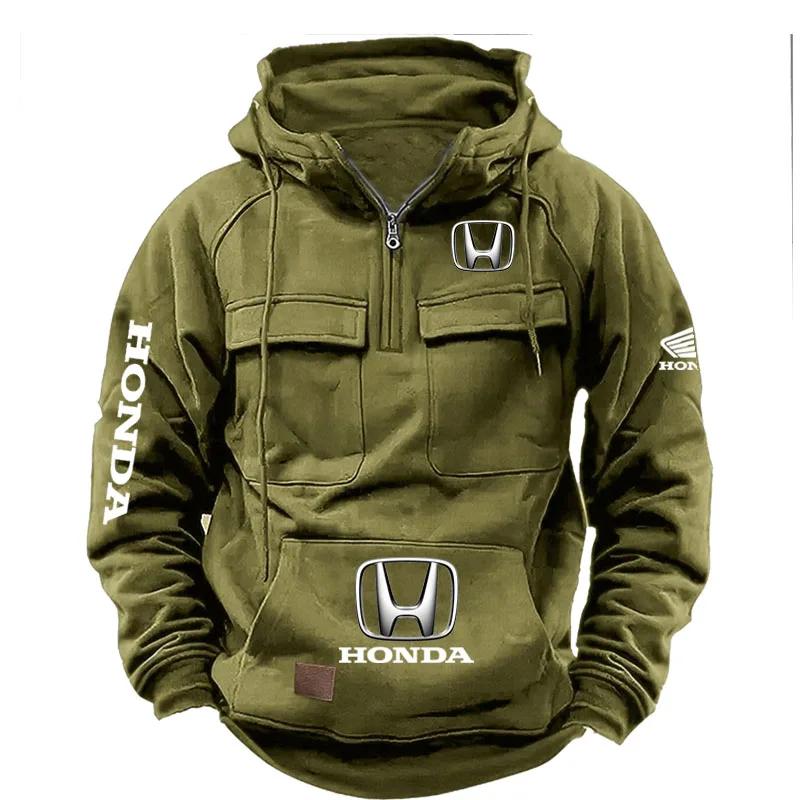 Sweat à capuche rétro Honda pour homme, automne et hiver, avec fermeture éclair, multi-poches, style