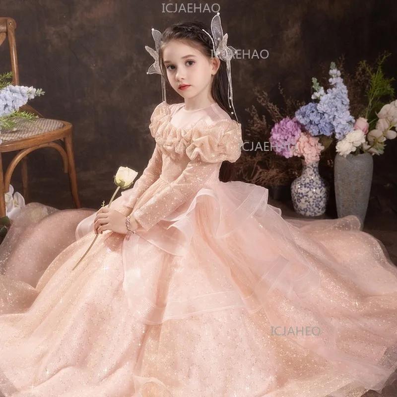 Robe de Cérémonie Fille 2026 – Robe Longue à Fleurs et Manches Longues pour Enfants, Idéale pour Hôt