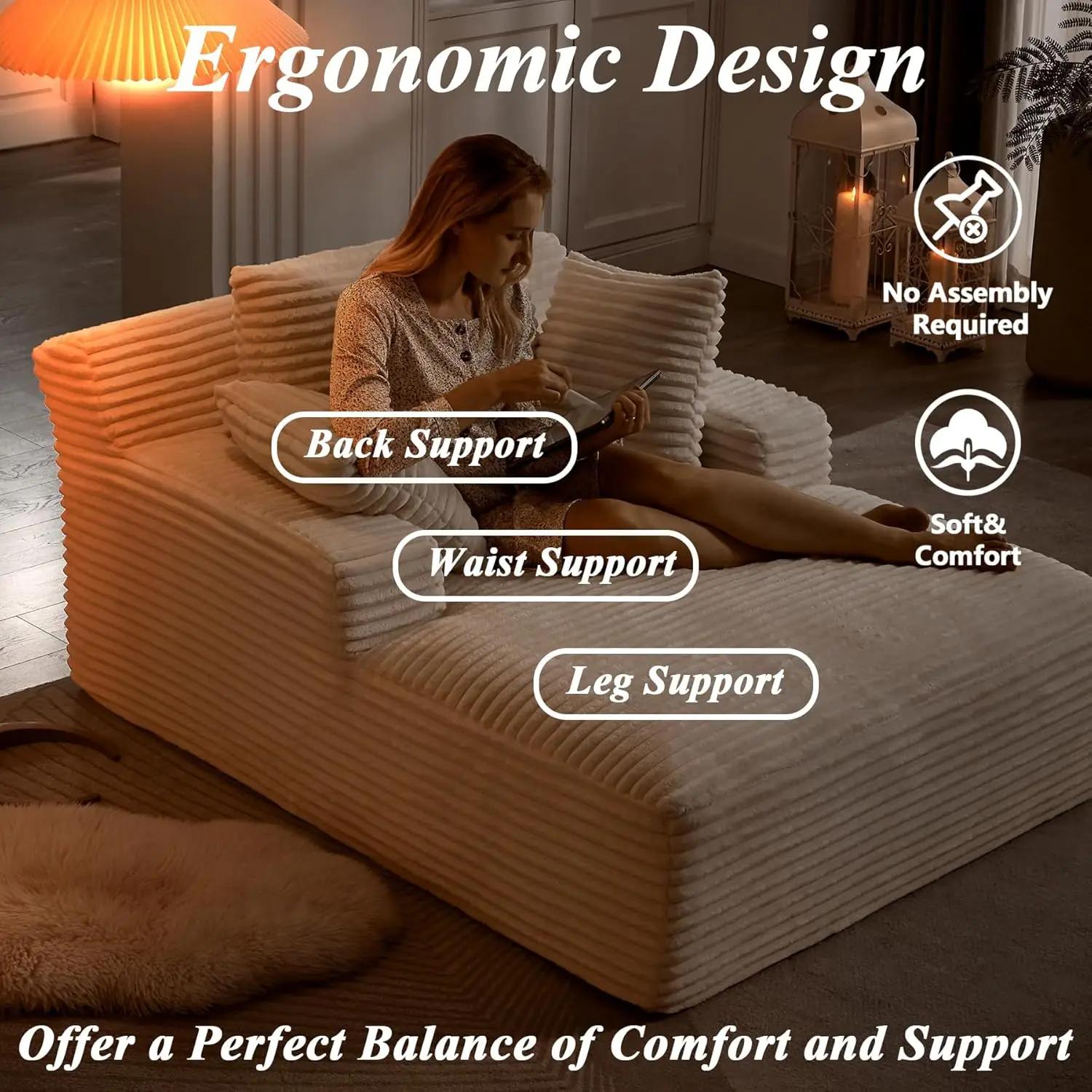 Chaise longue surdimensionnée velours côtelé avec 3 oreillers - Confort maximal pour salon et chambre