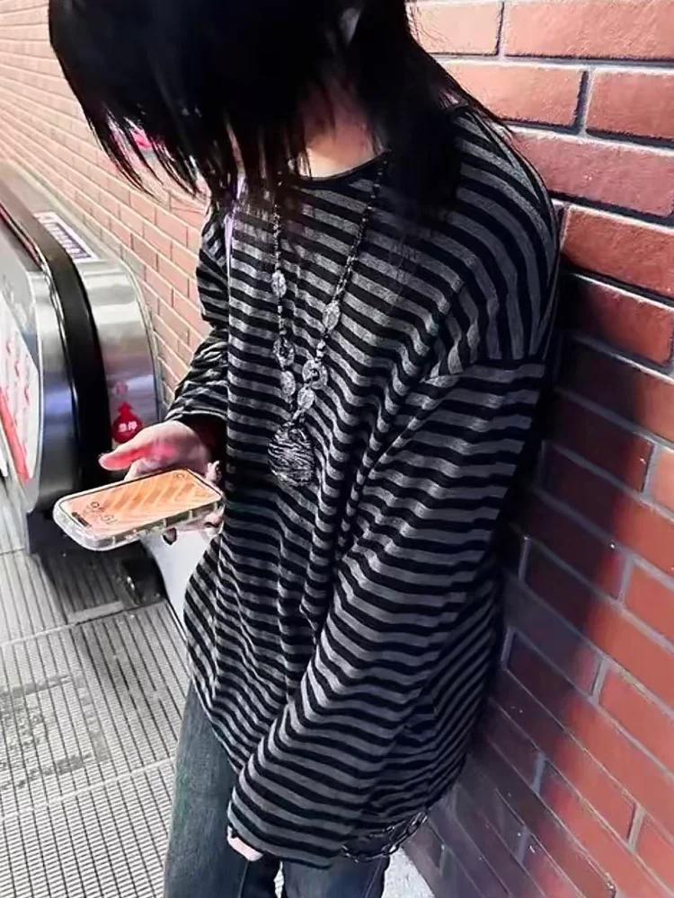 T-shirt manches longues pour femmes, vêtements japonais Y2k, hauts rayés, ample et fin, Grunge des a