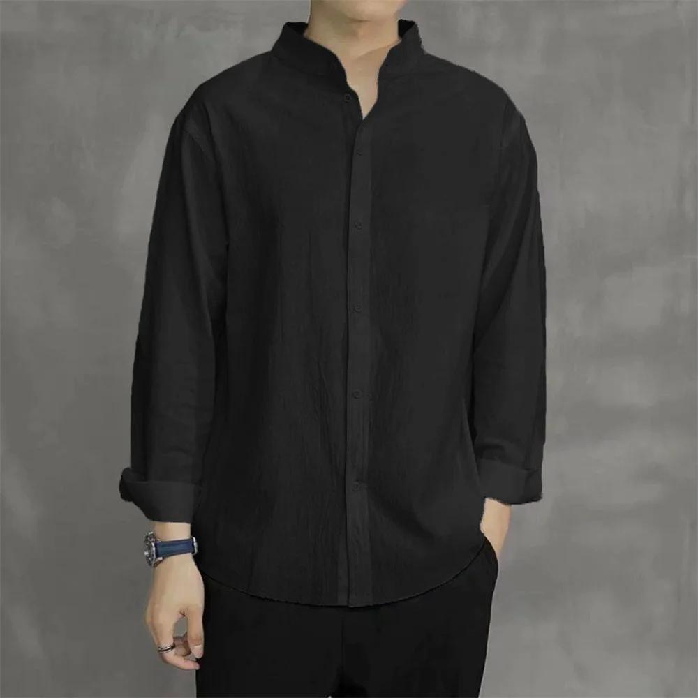 Chemise à manches longues pour hommes, couleur unie, coton et lin, col Henley, simple, respirant, St