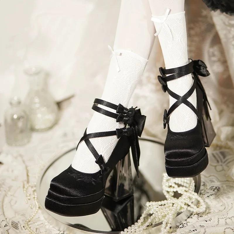 Kawaii 2025 nouveau Original Lolita talons hauts douce fille Satin nœud ruban élégant Mary Jane chau