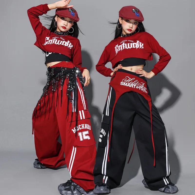 Ensemble de vêtements pour filles Hip Hop, sweat-shirt court à nœud rouge, pantalon cargo, costume d