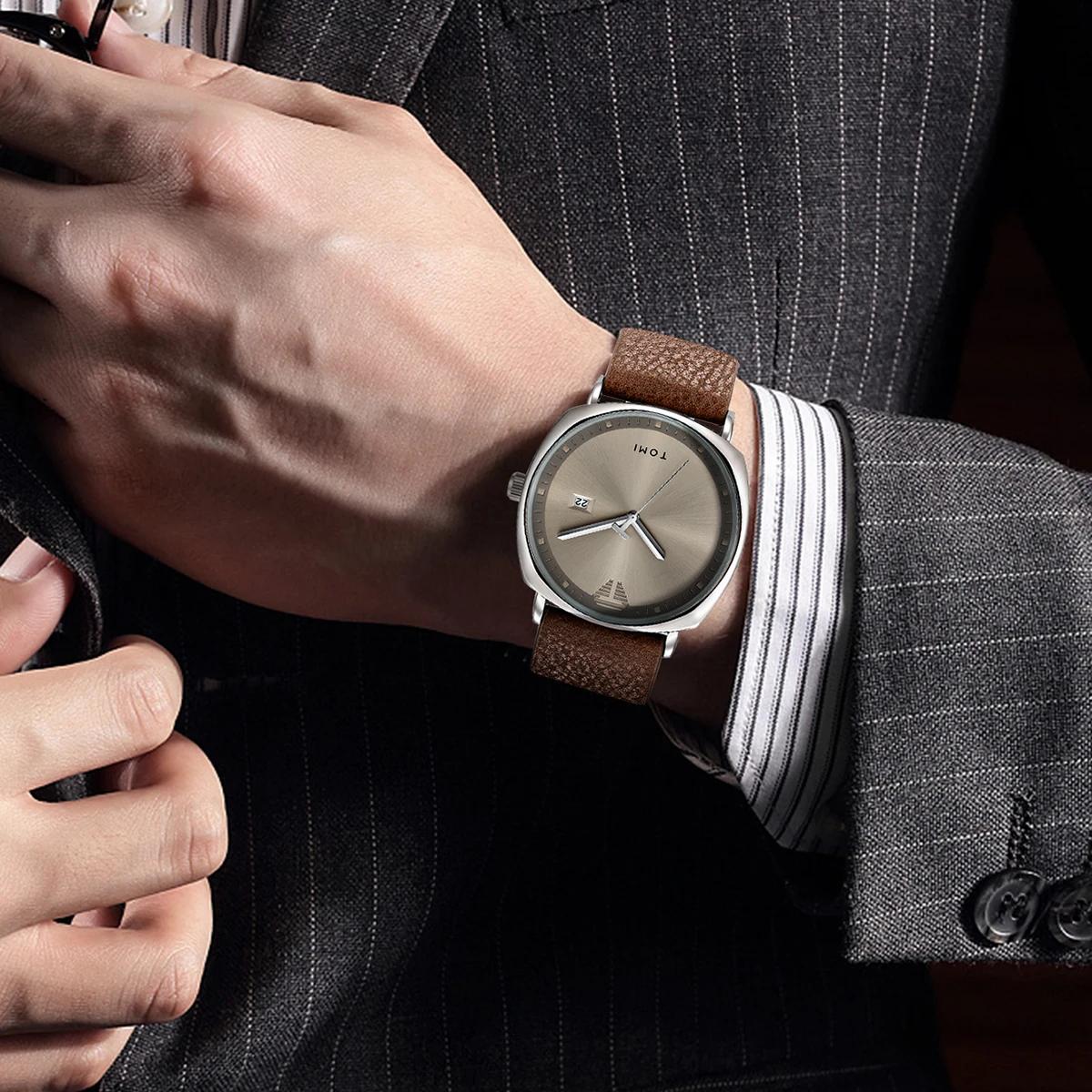 TOMI montre pour hommes minimaliste mode montre de sport calendrier cuir montre à quartz décontracté