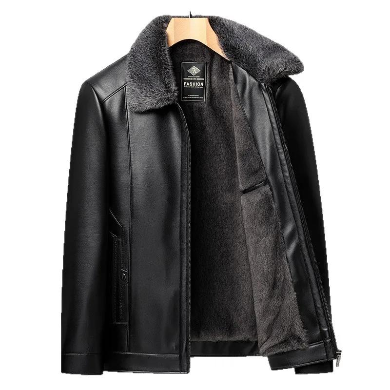 Manteau d'hiver en cuir pour homme, doublure polaire épaisse, coupe-vent, chaud, streetwear, col rab